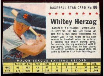 1961 Post Cereal Baseball Whitey Herzog #88 Kansas City Athletics Vintage
