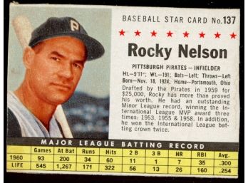 1961 Post Cereal Baseball Rocky Nelson #137 Pittsburgh Pirates Vintage