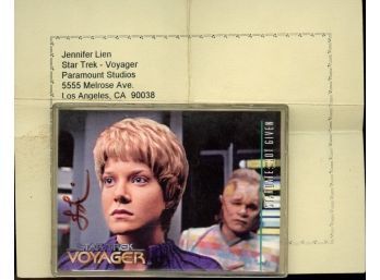 STAR-TREK VOYAGER TRADING CARD SIGNED BY JENNIFER LIEN WITH LETTER FROM ACTRESS