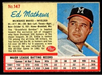1962 POST #147 ED MATHEWS BRAVES