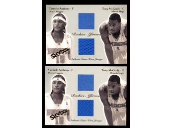 Lot Of 2 ~ 2003-04 SKYBOX ROOKIES AFFIRMED CARMELO ANTHONY / TRACY MCGRADY GAME WORN #D /500