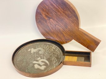 Japanese Antique Bronze Mirror In Original Wooden Case