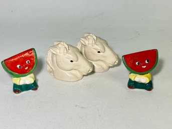 Two Ceramic Salt And Pepper Shakers Watermelon And Horse Head