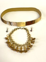 Vintage Trio Of Belt Necklace And Earrings