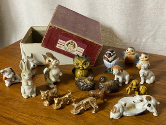 Large Menagerie Of Various Ceramic And Porcelain Miniatures In Old Box