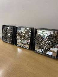 Vintage Framed Mirrored Metal Leaves Tryptych