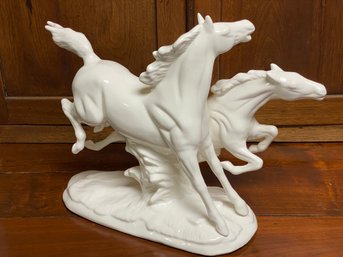 Large Mid Century High Gloss White Ceramic Horses Statue