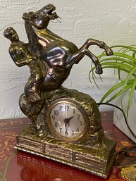Classic Early Mid Century Metal Mantle Clock Of Western Rider