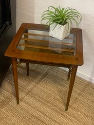 Mid Century Wood, Glass & Brass Side Table