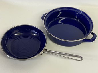 Pair Of Blue Enamel Heavy Coated Metal Pans
