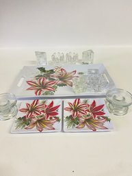 Holiday Melamine Trays And Four Sets Of Chunky Glass Candle Holders