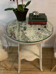 Unique Antique Mosaic Round Table With Think Glass Top