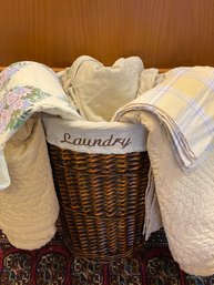 Laundry Basket With Linens Vintage Table Cloths Newer T-coverlet Duvet And Placemat