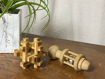 Vintage Hand Made Wooden Puzzle And Little Bell Rattle