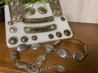 Silver Tone Decorative Tack Plates And Conch Belt