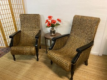 Stylish Pair Of Wicker Weave And Wood Chairs