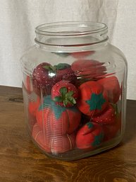 Large Vintage Jar Filled With Tomato And Strawberry Pin Cushions