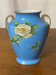 Vintage Noritake Vase Baby Blue With Yellow Flowers And Gold Handles