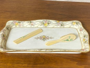 Vintage Nippon Vanity Tray Set With Sweet Celluloid Brush And Comb