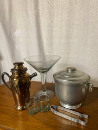 Vintage Bar Lot Including Cocktail Shaker Ice Bucket And Oversized Martini Glass