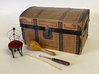 Very Old Sewing Box With Unusual Crafted Pin Cushion And More