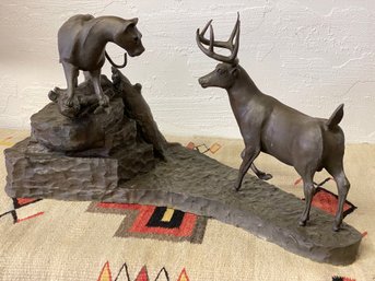 H. Cheeve Metal Cast Sculpture Of Buck And Mountain Lion