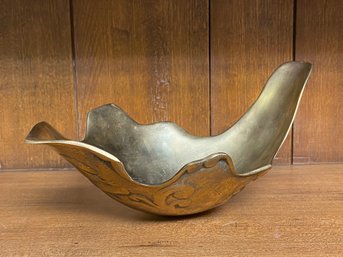 Heavy Asymmetrical Brass Centerpiece Etched Leaf Bowl