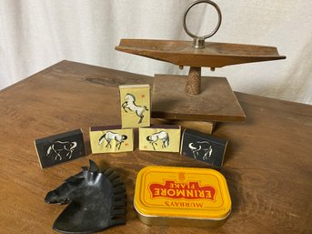 Original Erinmore Flake Tobacco Tin With Metal Horse Ashtray, Matches And Old Pipe Stand