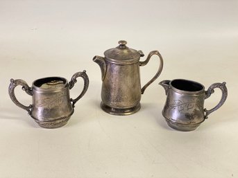 Cresent Silver Co. Antique Quadruple Plated No. 97 Sugar And Cream Set With Wear-bright Tea Pot