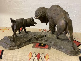 H. Cheeve Large Metal Sculpted Casting Of Buffalo And Wolf