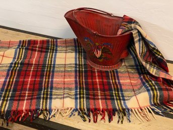 Vintage Wool Of The West Throw Blanket And Red Coal Bucket