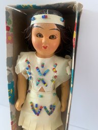 Vintage Native American Doll With Leather And Bead Outfit