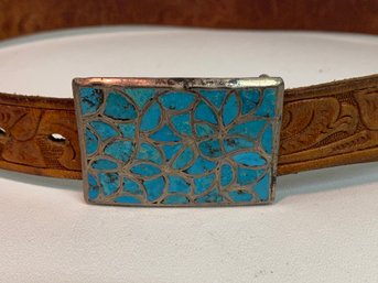 Vintage Leather Belt With Silver And Turquoise Belt Buckle