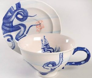 Anthropologie Nautical From The Deep Large Cup & Saucer