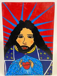 Folk Art Painting Of Jesus With Heart Signed By Lorenzo