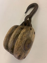 Antique Wood & Iron Pulley  Approx. 4 X 10 Inches