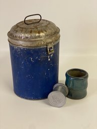 Very Cool Old Blue Metal Container With Vintage Collapsing Cup And Ceramic Vase