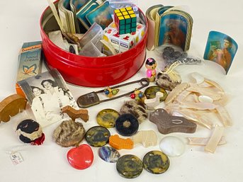 Half A Tin Full Of Random Items Including Large Old Number Pin