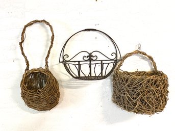 Trio Of Hanging Wall Decore With Fantastic Woven Wood Baskets