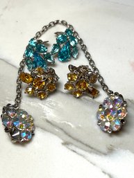 Vintage Bling - Shiny  And Stunning Clip Earrings And Sweater Clip.