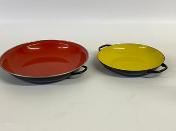 Two Oven Ready Mid Century Enamel Pans With Handles