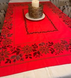 Vintage Red Holiday Tablecloth Pointsettias And Pinecones. Approx 50 W X 68 Long.