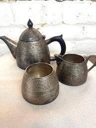 Charming Heavy Brass(?) Ribbed Teapot Set, 3 Piece, Made In India