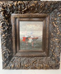 Thick Onately Framed Pallet Knife Sailboat Painting, Soothing And Textural