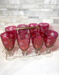 Vintage Cranberry Etched Goblets In Brass Carrier Set O 8- Woohoo