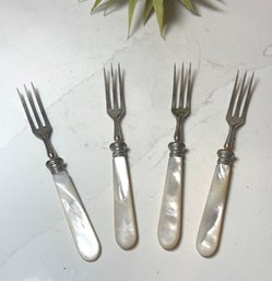 Vintage Mother Of Pearl  Cocktail Forks.   4 Matching Forks With Silver Cuff