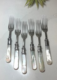 Vintage Mother Of Pearl Salad Forks With Sterling Cuffs.  Set Of 6
