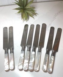 Vintage Set Of 8 Sterling Cuff  Mother Of Pearl Handle Knives