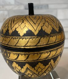 Black Lacquer Carved Wood Apple, With Intricate Gold Leaf Design