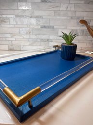 Tis The Season:  Blue Leatherette Tray With Lucite And Gold Handles/perimeter: Centerpiece